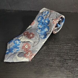 Vintage Etienne Aigner Necktie Grey Blue Maroon Floral Woven Formal Versatile